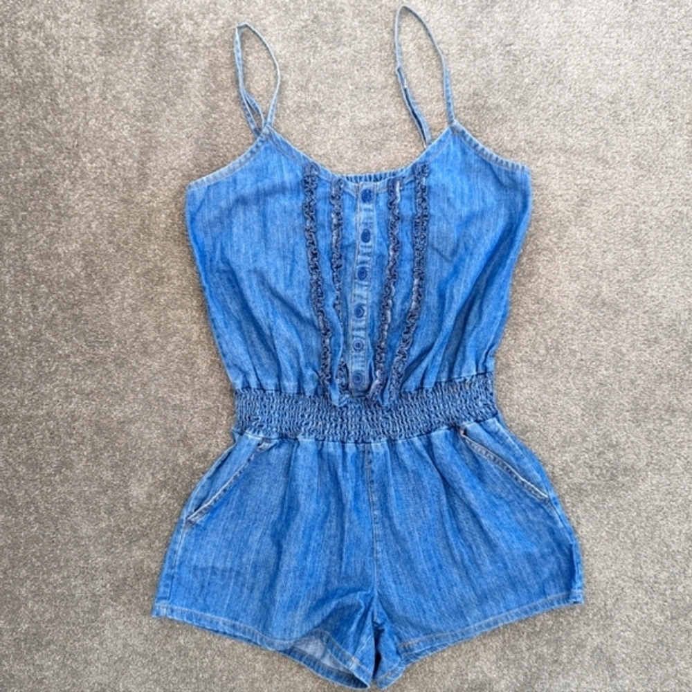 BLUE Spice blue denim overalls romper shorts size Small